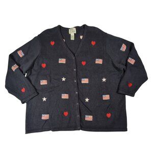 Quacker Factory Womens Patriotic Cardigan Sweater 3X Teacher Flags Hearts Stars
